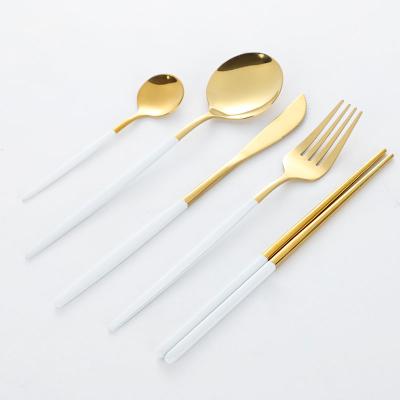 China Portugal Style Spoon Knife Fork Chopsticks 5pcs Gold Stainless Steel Flatware Tableware Viable Cutlery Set With White Handle for sale