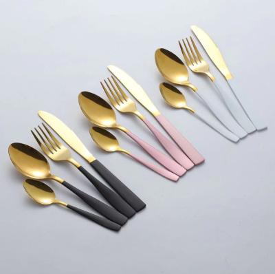 China Viable Custom Cheap Single Handle Wedding Party Dinner Gold Stainless Steel Flatware 410 Colored Cutlery Set With 4 Pcs for sale