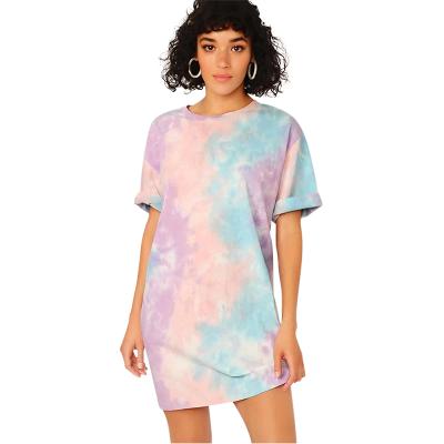 China Summer Tie Dye Anti-Static Dress Round Neck Midi Short Sleeve Dress 100% Cotton Casual Home Women's Style Dress for sale