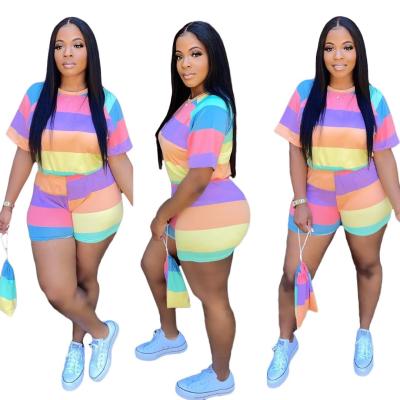 China New Women's Round Neck Fashion Casual Rainbow Loose Top Two Piece Set QUICK DRY Shorts Cropped Two Piece Set for sale