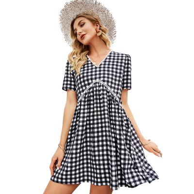 China Women's Midi Dress Summer Sale Plaid Dress Women's Black White Black White Casual Dress Soft Cool Warm Anti-Static V-Neckline Midi Dress for sale