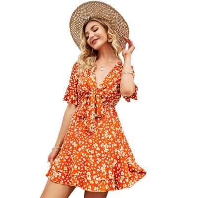 China Hot Sale Anti-static Summer Midi Dress V-Neck Floral Bow Floral Dress Casual Dress Fresh Sweet Women for sale