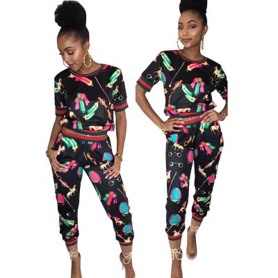 China New Arrival QUICK DRY Fashion Digital Printed Casual Crop Tops And Pants Tight Two Piece Pants Sets Women's Sets for sale