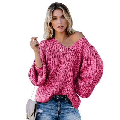 China 2021 New Amazon Women's Solid Color V-Neck Knitwear Lantern Sleeve Loose Backless Sweater Women Anti-wrinkle for sale