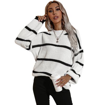 China Anti-wrinkle Retro Autumn Winter New Round Neck Loose Striped Sweater Knitted Sweater Women's Sweaters for sale