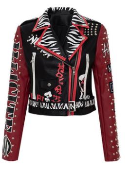 China Wholesale Other Women's Turn Down Collar Cropped Graffiti Print Studded Red PU Faux Leather Jacket for sale