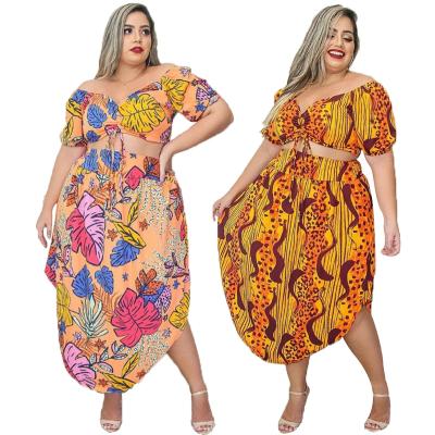 China Workable Women's Suits Skirt Spring Summer Leopard Print Off The Neck Pleating Off The Shoulder Top Plus Size Skirt Two Piece Set for sale