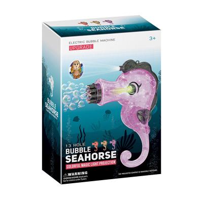 China Electric Rising 13 Hole Plastic Seahorse Bubble Machine With 50ML Automatic Bubble Water Seahorse Bubble Gun With Projection for sale