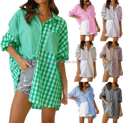 China 2023 European and American women's autumn winter new plaid shirt loose casual blouse anti-shrink patchwork color wholesale for sale