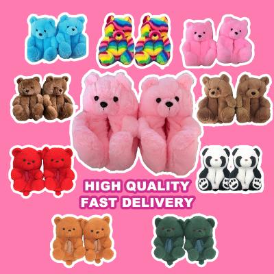 China Fashion trend custom made pink teddy bear home shoes slips plush kids adult white teddy bear slippers for girls one women size fits all for sale