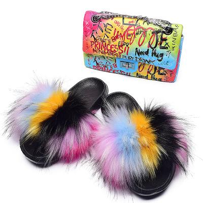 China CUSHIONING Extra Fluffy Women Jelly Purse Fur Slide And Rainbow Mom Kids I Matching Purse Fur Slides With Purse Set Bag for sale