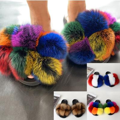 China CUSHIONING Designer Custom Logo Ball Bearing Multi Color Women Rex Rabbit Rainbow Pom Pom Fox Fur Ball Slide Slipper for sale