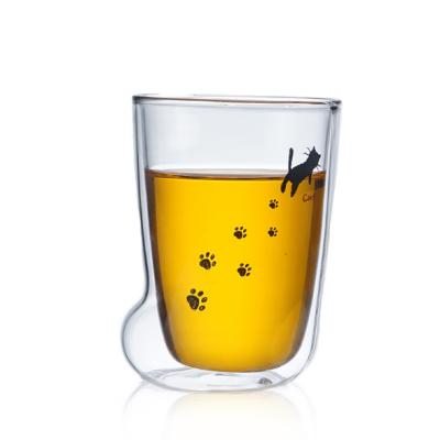 China 2020 Minimalist Newcomer Clear Double Wall Cat Drinking Glass By Handmade With Decal Finishing for sale