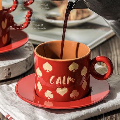 China American Red Green Retro Stocked Handle Drink Cup Ins Style Ceramic Drinking Water Pull Flower Mug Coffee Cup Saucer Set With Spoon for sale