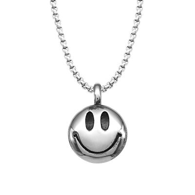 China Cute Smiley Face Titanium Steel Round Pendant Necklace Men Non Tarnish Pearl Chain Ice Bar Beers Necklace for sale