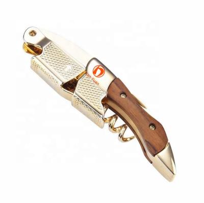 China Sustainable Multifunctional Rosewood Handle Double Hinge Wooden Wine Servers Corkscrew With Gold Color for sale