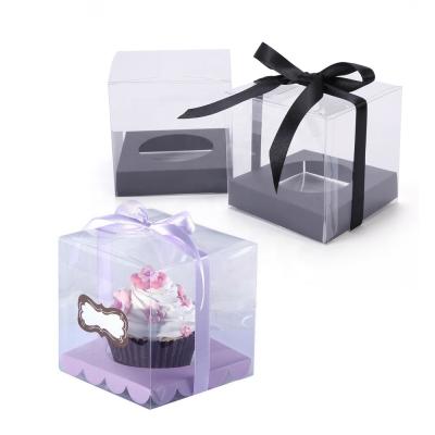 China Other Transparent Square Gold Ribbon PET Cupcake Boxes Clear Muffin Cake Packing Box for sale