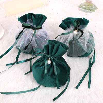 China Recyclable Pearl Ribbon Chocolate Candy Drawstring Bag Around Velvet Bag Jewelry Gift Pouch For Wedding Favors Chocolate Jewelry Packaging for sale