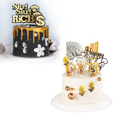 China Cake Topper Cupcake Decoration Paper Gold Silver Dollar Happy Birthday Set for sale