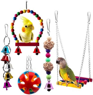 China Viable Bird Swing Chewing Perches Parrot Toys Assessories Bells Strings Bird Parrot Chew Toy Set Wooden Hanging Bird Toy for sale