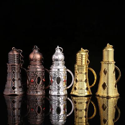 China CJ-Hot Selling Personal Care Style Zinc Glass Bottle 3ML Metal Necklace Arabian Perfume Glass Oil Bottle With Key Chain for sale