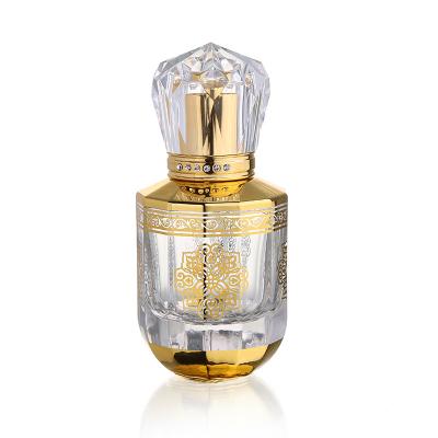 China Fancy Custom Top Gold 40ML Attar Transparent CJ- UV Printing Empty Pump Spray Essential Oil Glass Perfume Bottles for sale