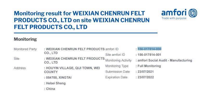 BSCI - Weixian Chenrun Felt Products Co., Ltd.