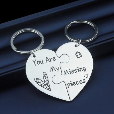 China Metal Couples Heart Puzzle Style Couples Stainless Steel Available Custom Broken Heart Mirror Key Chain for sale