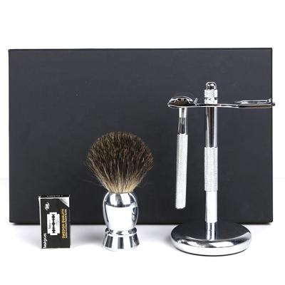 China Private Label Stainless Steel Twin Blade Replaceable Blade Shaving Razor Kit Set With Shaving Brush for sale