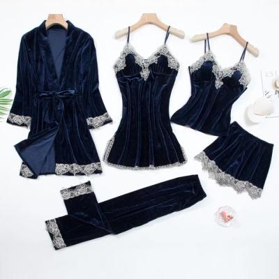 China Wholesale QUICK DRY Four Piece Winter Lounge Wear Long Sleeves Velvet Nightgowns Pajamas Set For Women for sale