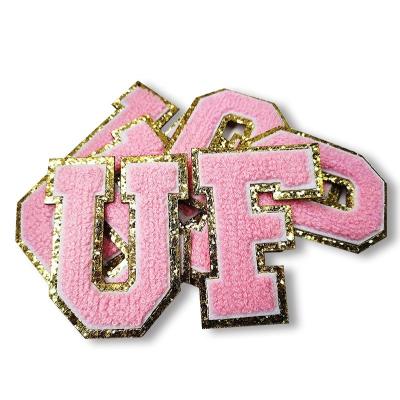 China New Design Viable Custom Loose Sequin Chenille Pink Gold Glitter Letters Computer Embroidery Patch With Stars Patches Sticker for sale