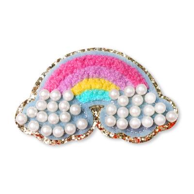 China March Viable Expo Hot Selling Custom Embroidery Bead Heart Patches, Rainbow Chenille Patch Iron On for sale