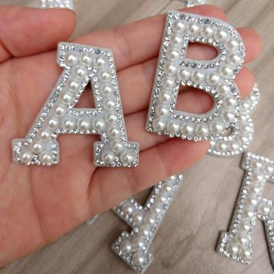 China March Viable Expo Pearl Letter Applique Rhinestone Hot Selling Letter Patches Diamond Pearl Patches for sale