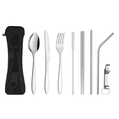 China Reusable Viable Tableware Chopsticks Spoon Portable Straw Set Travel Cutlery Set Stainless Steel Metal Flatware Spoon Set for sale