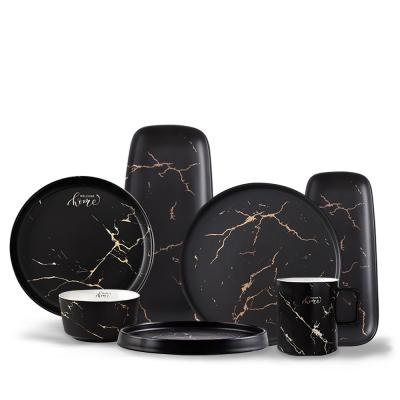 China Factory Wholesale Viable Nordic Style Ceramic Dinnerware Dish Sets Porcelain Tableware Black White Marble Set for sale