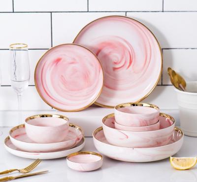 China Nordic Luxury Viable Set For Restaurant Wedding Cheap Dinner Rose Gold Rim Round Tableware Sets Ceramic Dish Dish Sets for sale