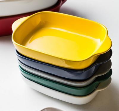 China Sustainable Durable Colorful Rectangle Molds Ceramic Marble Baking Dish With Double Handle For Restaurant for sale