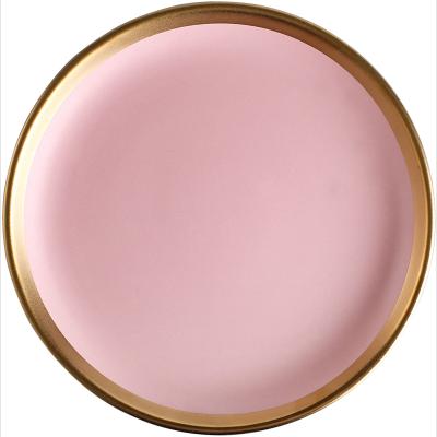 China Sustainable Sustainable Restaurant Painted Pink Ceramic Wedding Plate Restaurant Serving Ceramic Dinner Dishes With Gold Rim for sale