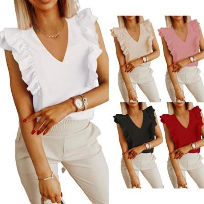 China RIJIAXIN Anti-wrinkle V-neck Fashionable Ruffle Summer Sleeveless T-shirt Solid Color Funky Casual Women Tops for sale