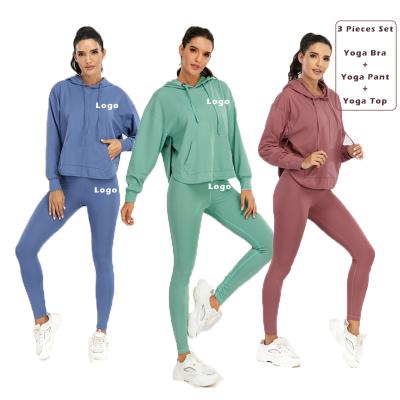 China New Breathable Hot Selling Custom Made Women Yoga Apparel Hoodies High Quality Sports Bra 3 Pieces Leggings Suits Yoga Fitness Sets for sale