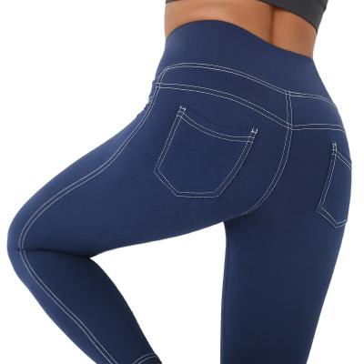 China Breathable Women's Blue Denim Jegging Sports High Waist Tight Seamless Gaiters Yoga Pants With Pockets for sale