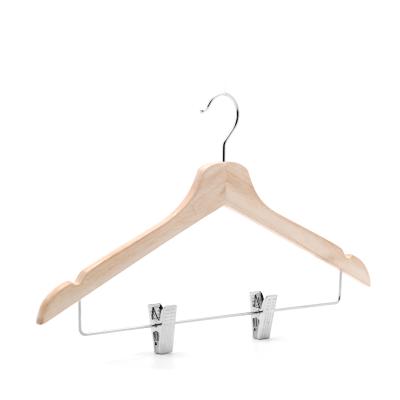 China Promotion factory wholesale WOODEN HANGER with sliver color steel clips for pants for sale