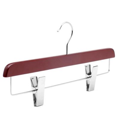 China Multifunctional WOODEN High Quality Wooden Trouser Hanger Manufacturer CW175 mahogany color with clips for sale