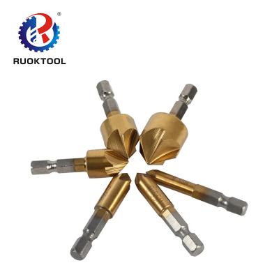 China Hss 6pcs Hex Shank 5 Flute Wood Titanium Coated Drill Bits Drilling Bit Set For Metal Deburring for sale