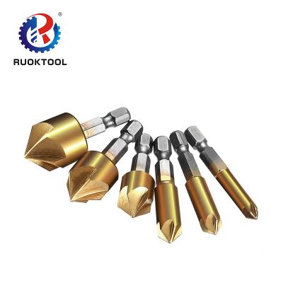 China High Quality Drilling 6pcs 90 Degree 5 Flute Hss Shank Shank Wood High Quality Drill Bit Set For Metal Deburring for sale