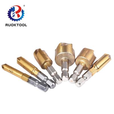 China 6Pcs 6Mm-19Mm Hss Wood Flute Drilling 5 Flute 90 Degree Hex Shank Countersink Drill Bits Set For Wood Chamfer for sale