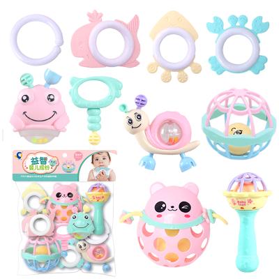 China Softly 2021 Newborn Rattle Toy Cartoon Hand Bell Set Teething Ball Newborn Educational Plastic Stick Toys 10psc For Baby for sale