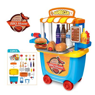 China Plastic BBQ Set Plastic Kitchen Cart Storage Toys Gift Hamburger Pretend Play BBQ Toy for sale