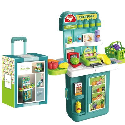 China 4 in 1 Supermarket Trolley Box Hard Cover Book 43 Pieces Removable Mobile Pretend Plastic Toy Set 49*24*61.5cm for sale