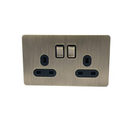 China Dual 2 USB UK Outlet Residential/Multi-Purpose Bronzed Brass Socket With On/Off Switch Stainless Steel Socket Bronze Brushed Switch Retro Old Retro for sale